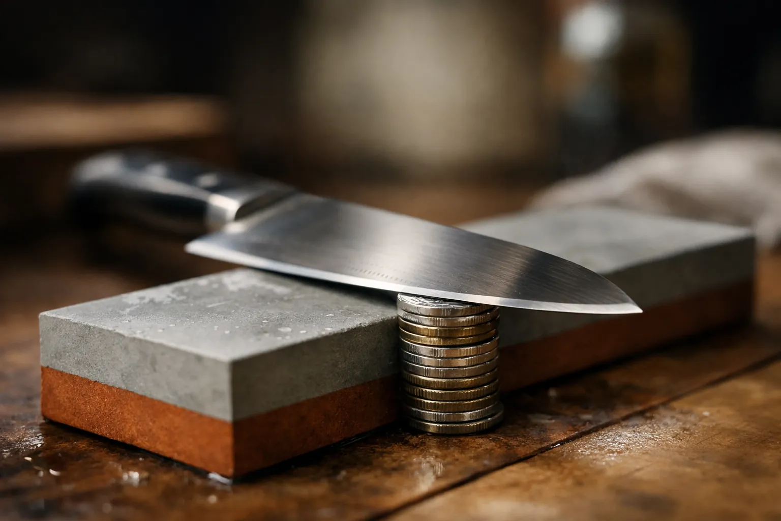 A knife on a whetstone with a small stack of coins under the spine