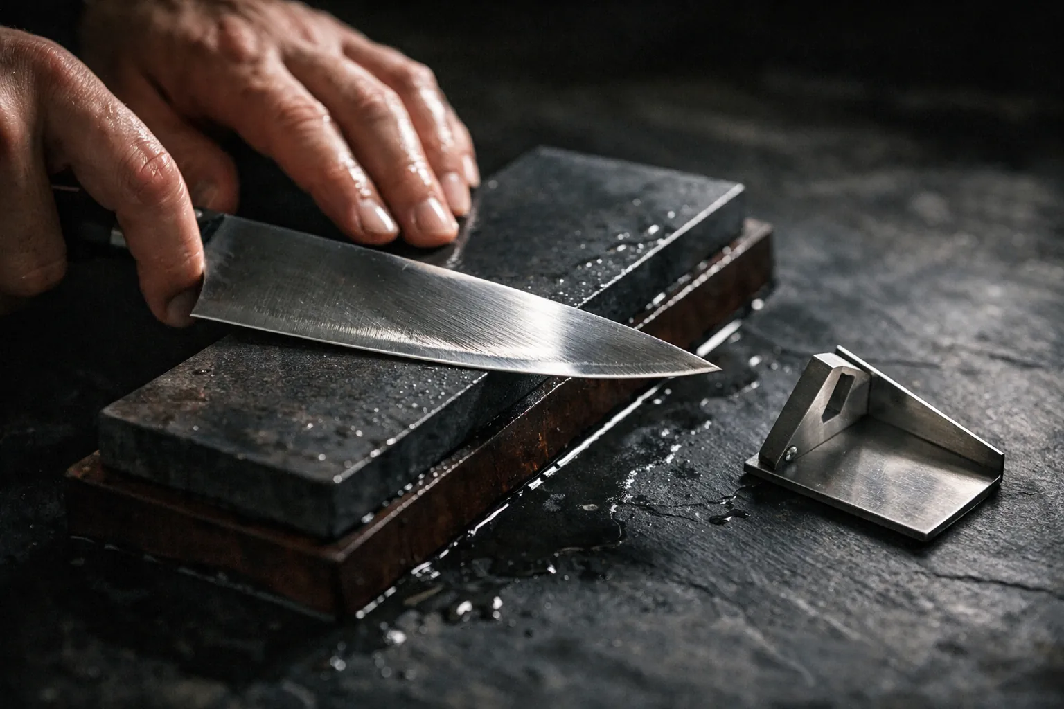 A chef's knife held at a shallow angle on a whetstone with a protractor-like angle guide beside it