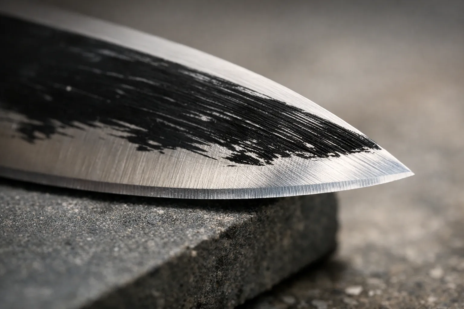 A knife bevel colored with marker, partly scratched off by a stone