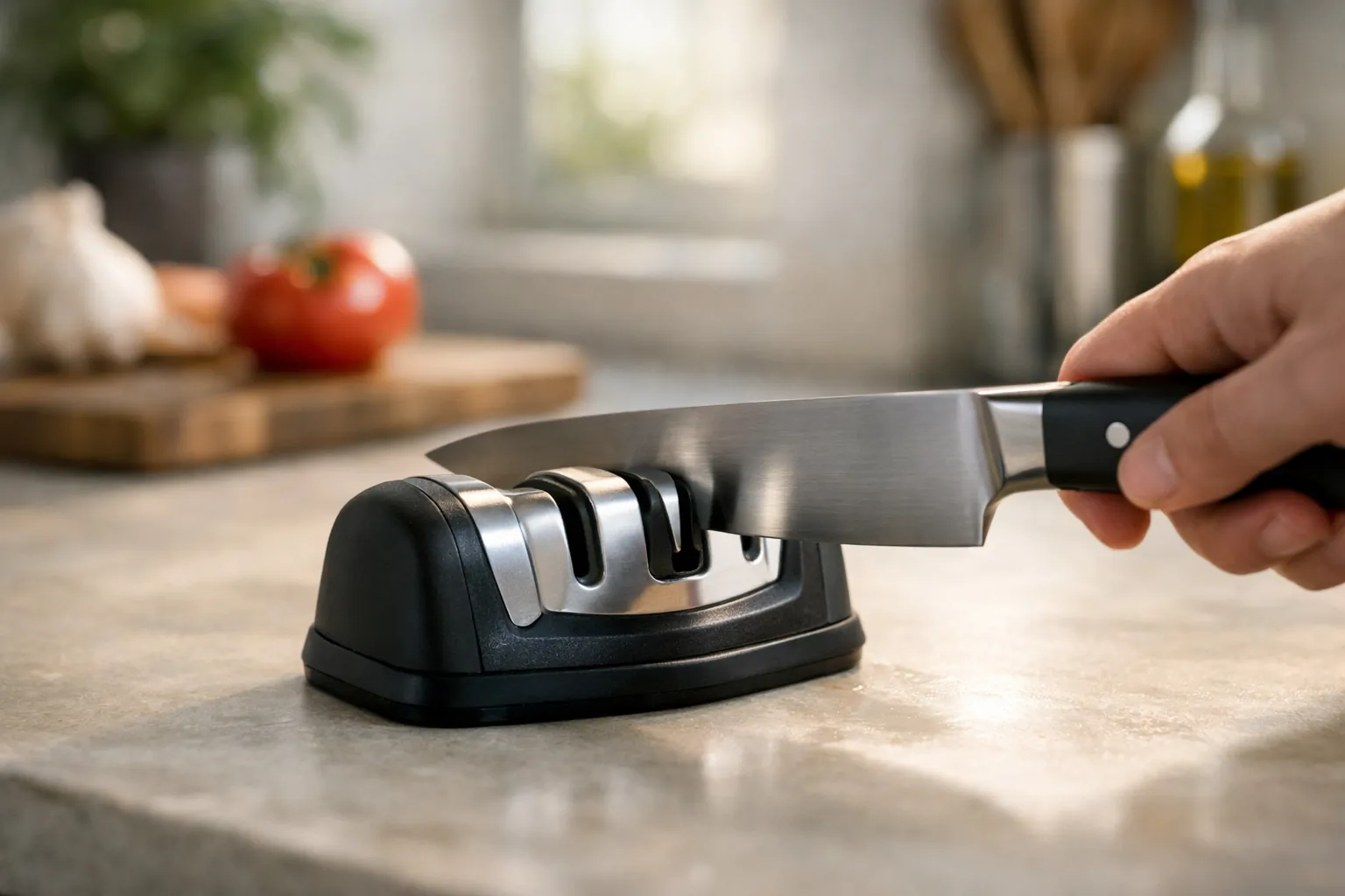 A chef's knife being drawn through a small pull-through sharpener