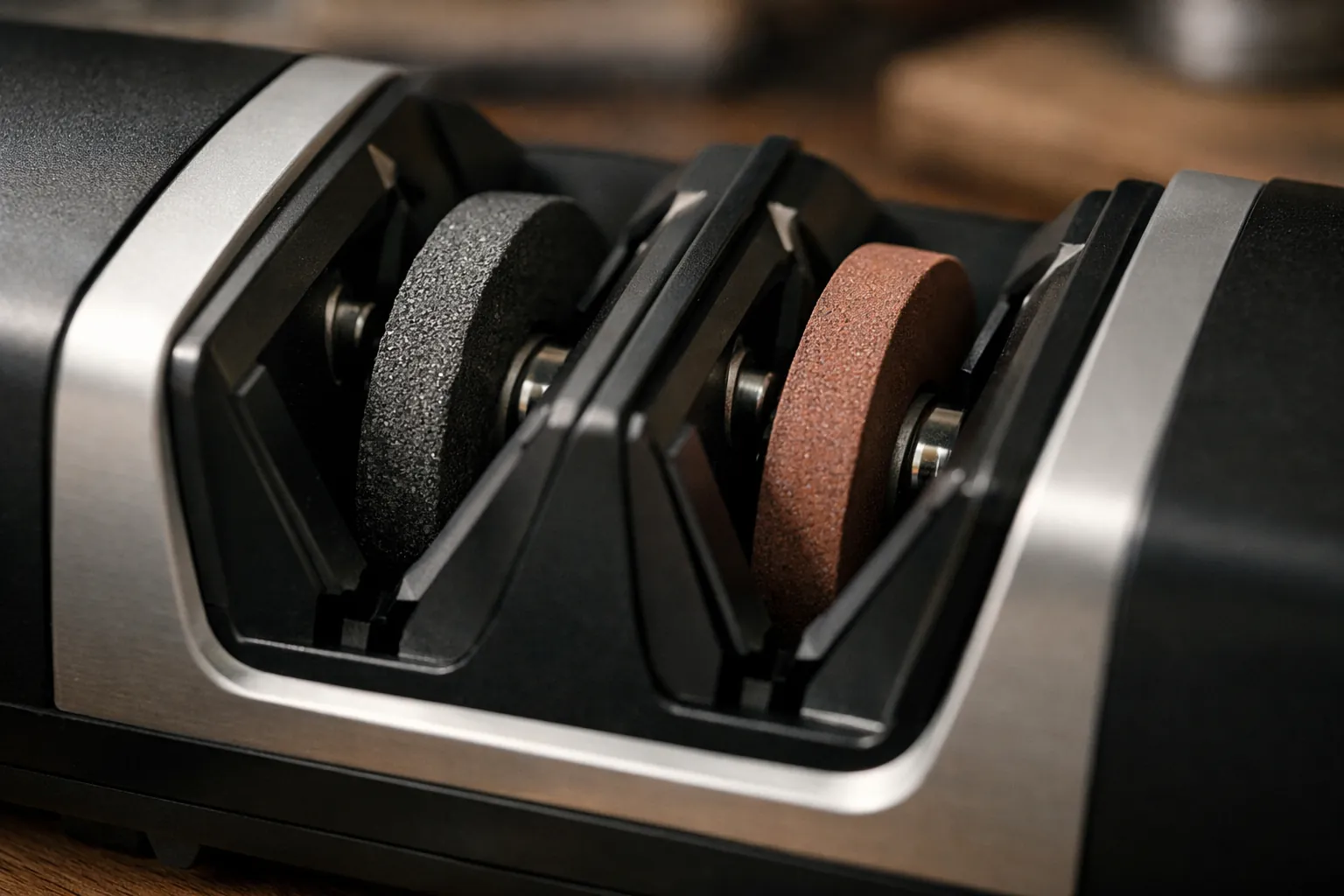 Looking down into the slots of an electric sharpener