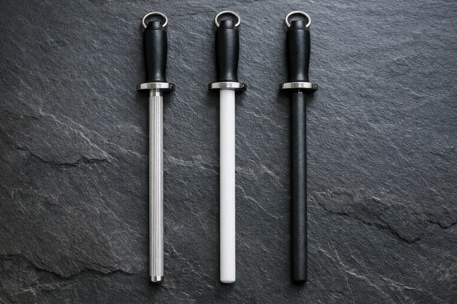 A steel rod, a ceramic rod and a diamond rod side by side