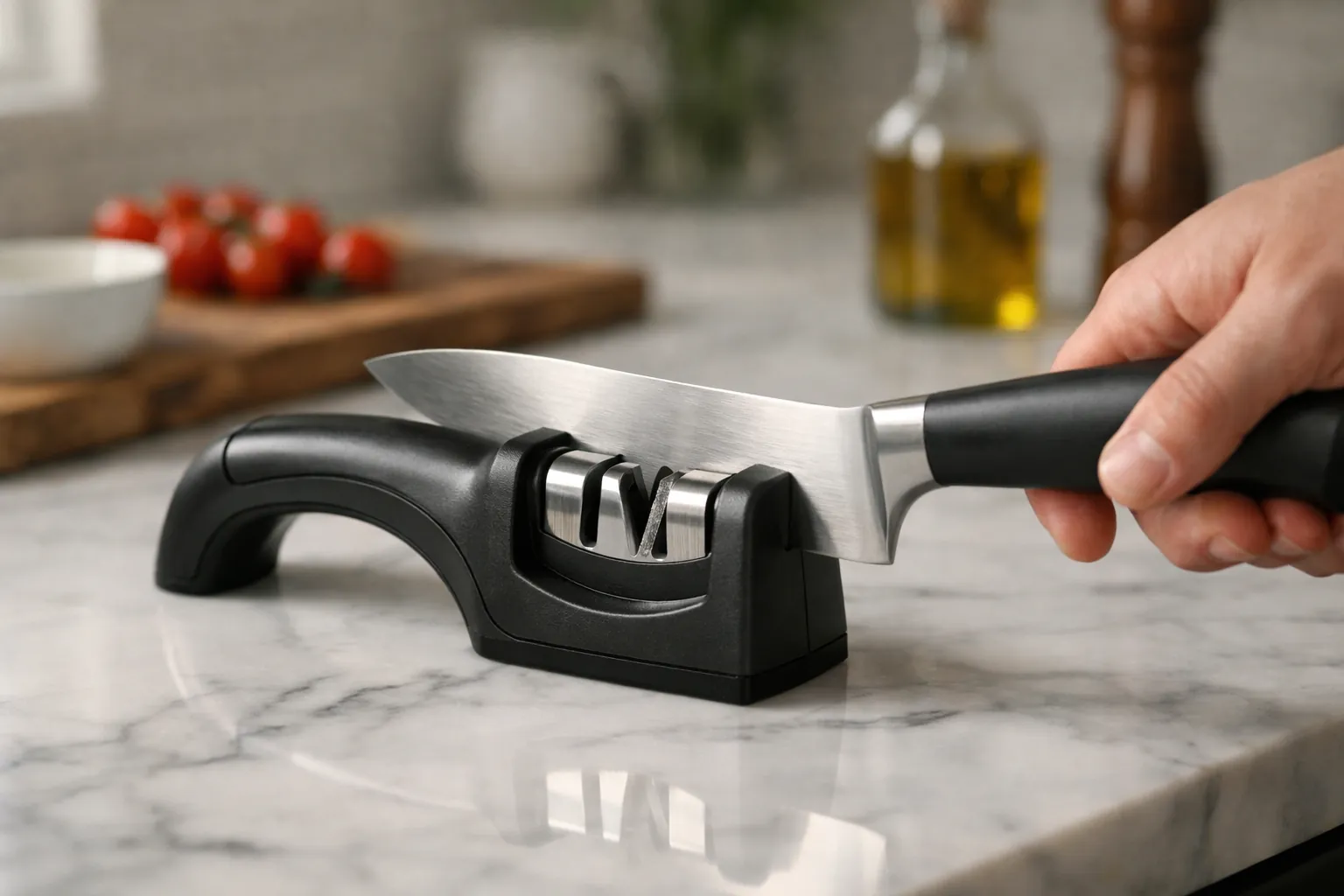 A handheld two-stage manual sharpener with a chef's knife