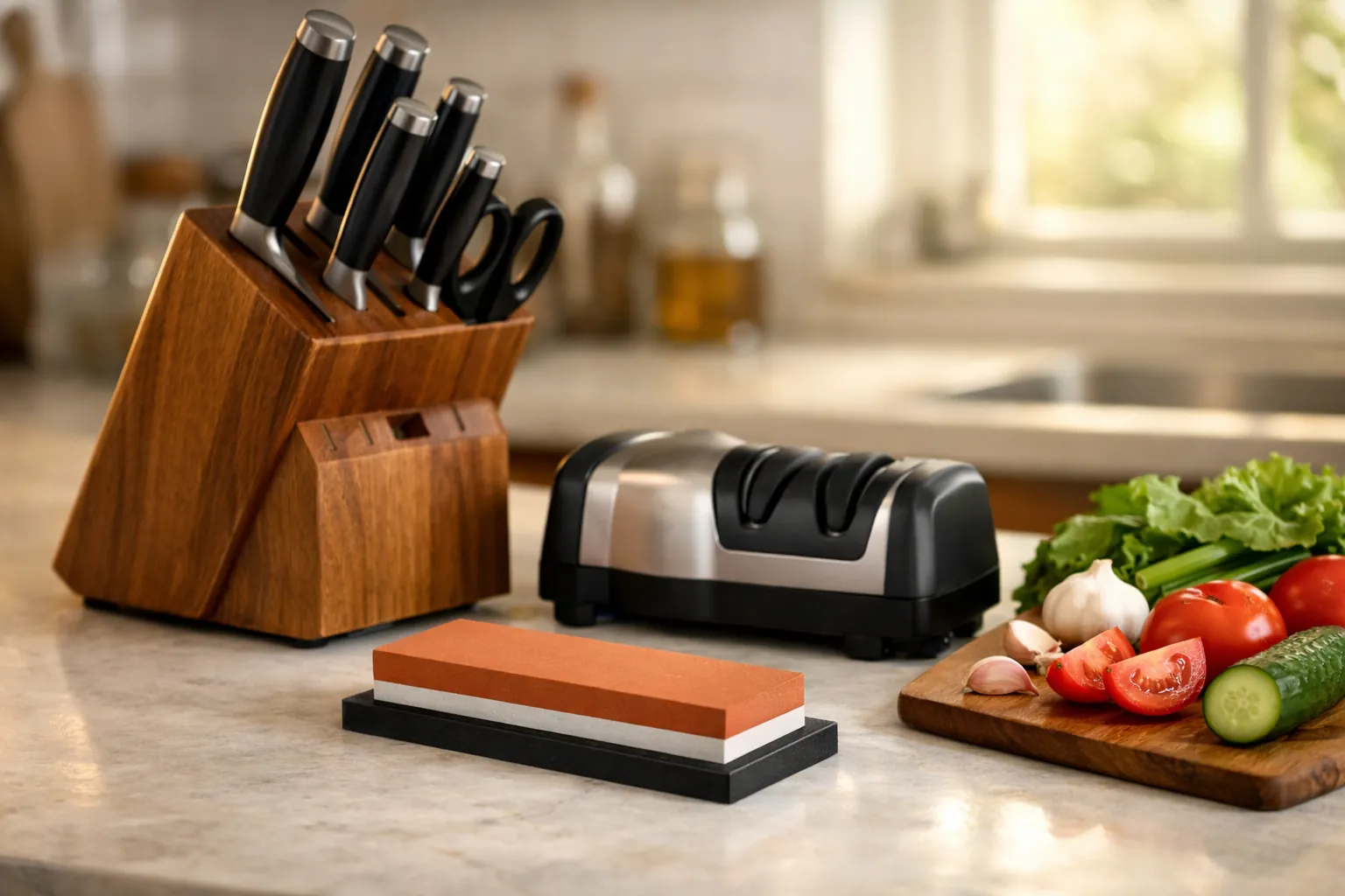 A block of kitchen knives next to a countertop electric knife sharpener and a whetstone