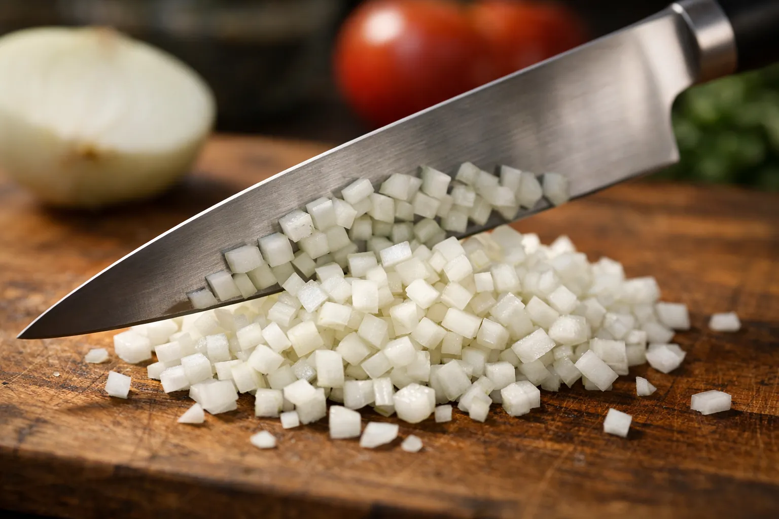 A sharp chef's knife dicing an onion