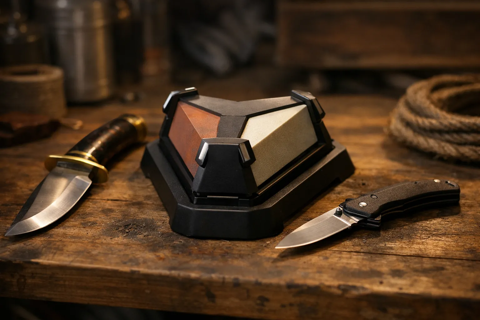 A three-sided benchstone sharpener with a hunting knife and pocket knife