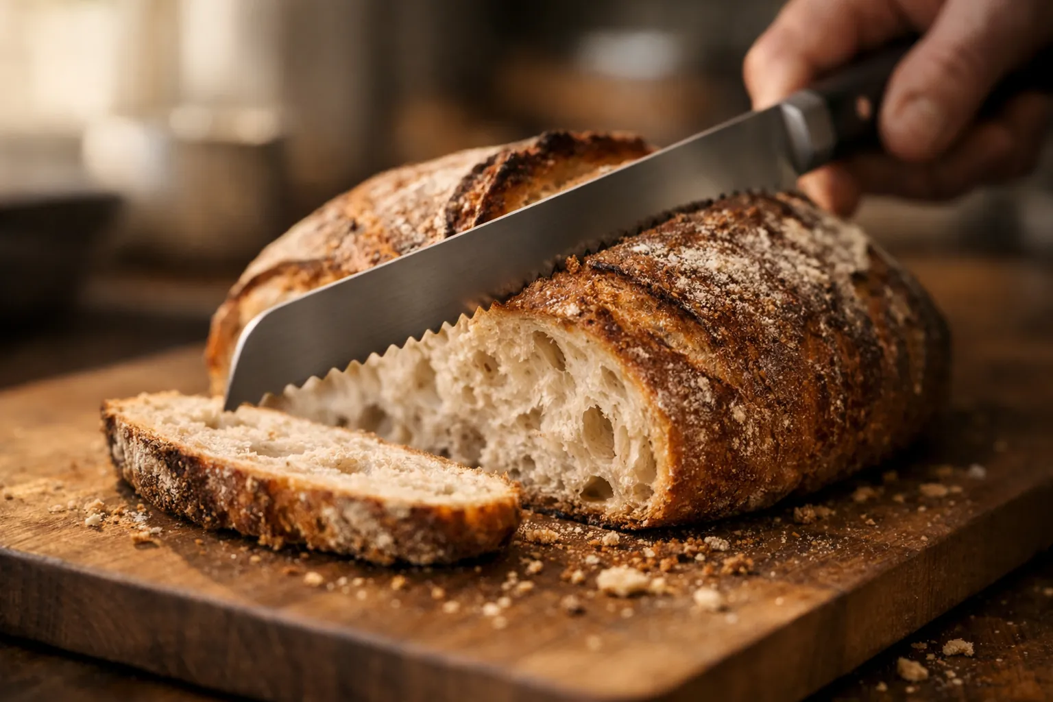 A serrated bread knife slicing a crusty loaf