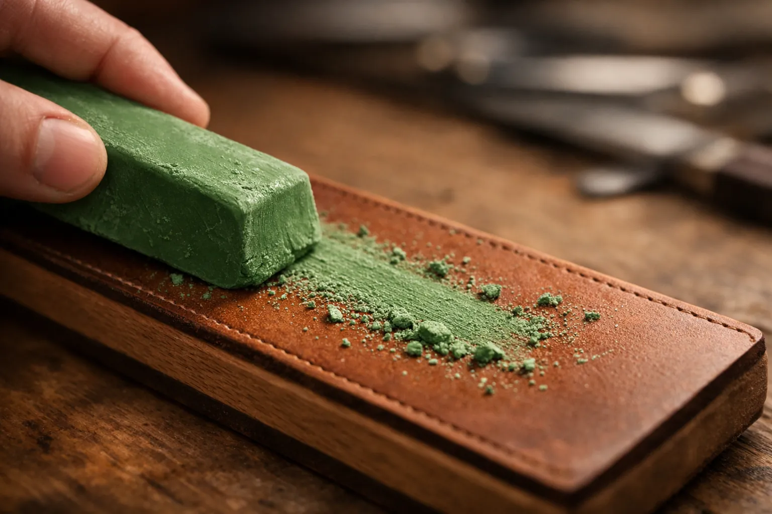 Green compound being rubbed onto a leather strop