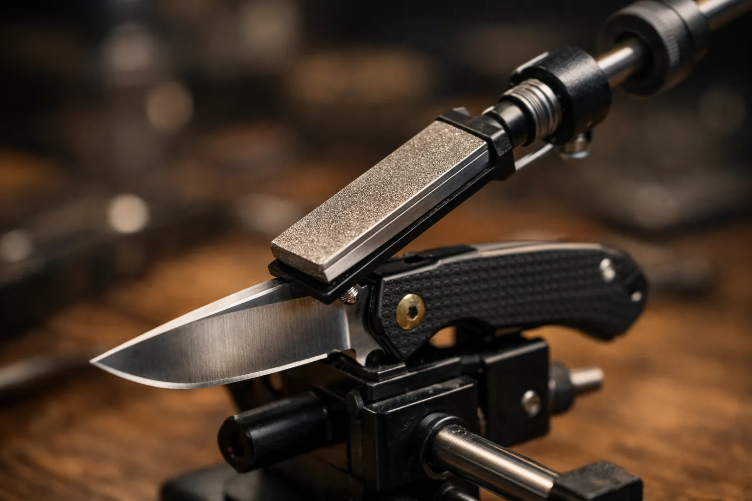 A pocket knife in a clamp on a guided sharpening system