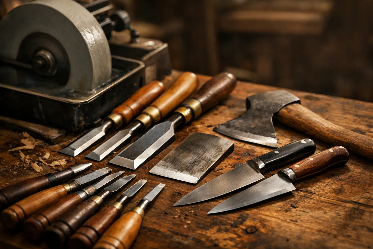 Sharpened chisels, a plane iron, a hatchet and kitchen knives on a workbench
