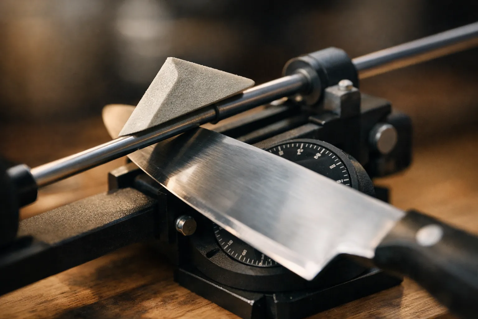 A sharpening abrasive on a slide rod sweeping along a clamped knife