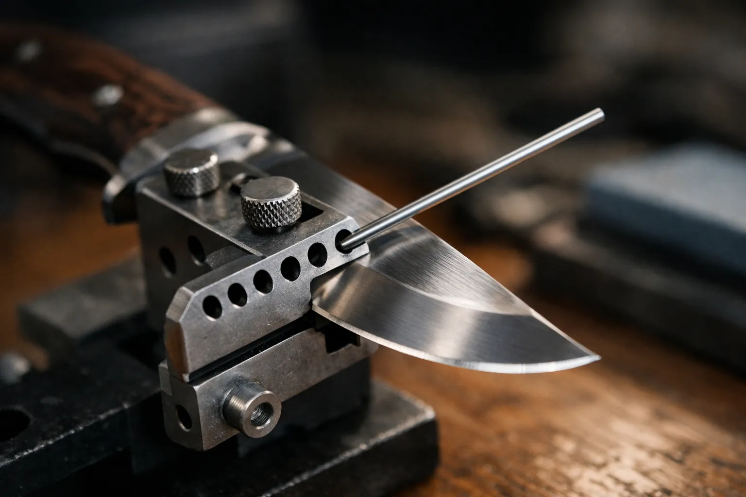 A metal knife clamp with angle holes holding a hunting knife
