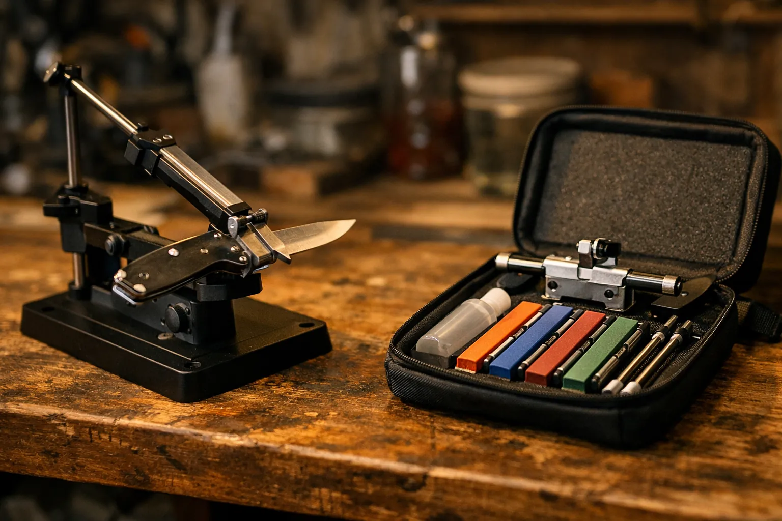 Two guided knife sharpening systems on a workbench: a benchtop clamp-and-arm sharpener and a handheld clamp with guide rods