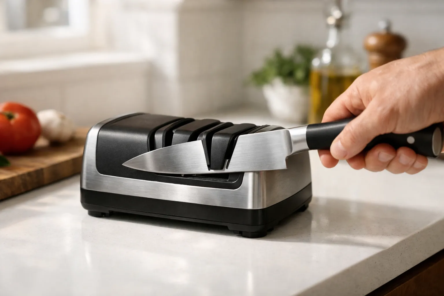 A compact electric knife sharpener on a kitchen counter
