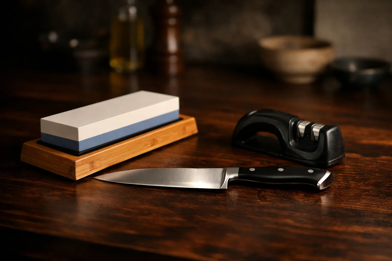 A water whetstone and a small handheld knife sharpener side by side on a wooden counter with a chef's knife