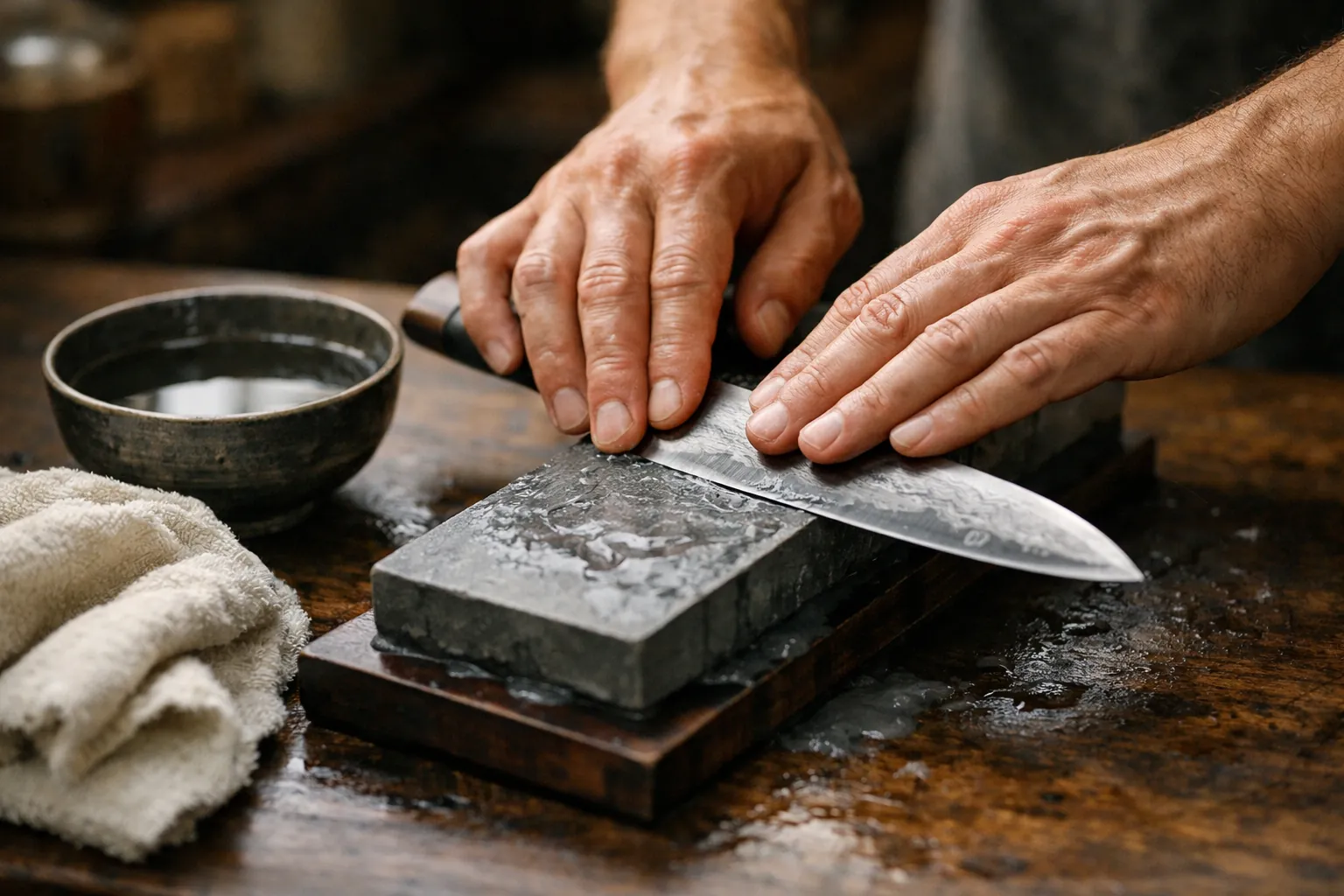 Hands sharpening a kitchen knife on a wet whetstone with slurry